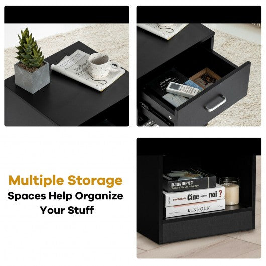 2 Pieces Nightstand with Storage Drawer and Cabinet-Black
