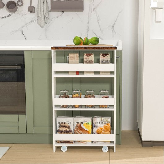Rolling Kitchen Slim Storage Cart Mobile Shelving Organizer with Handle-White