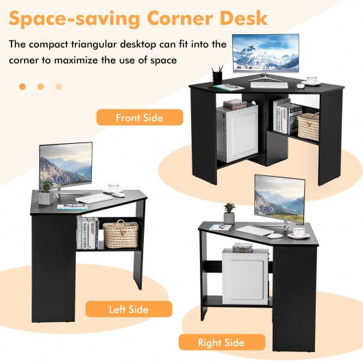 Corner Computer Desk Triangle Writing Workstation with Storage Shelf-Black