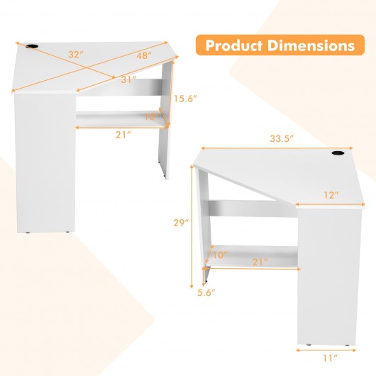 Corner Computer Desk Triangle Writing Workstation with Storage Shelf-White