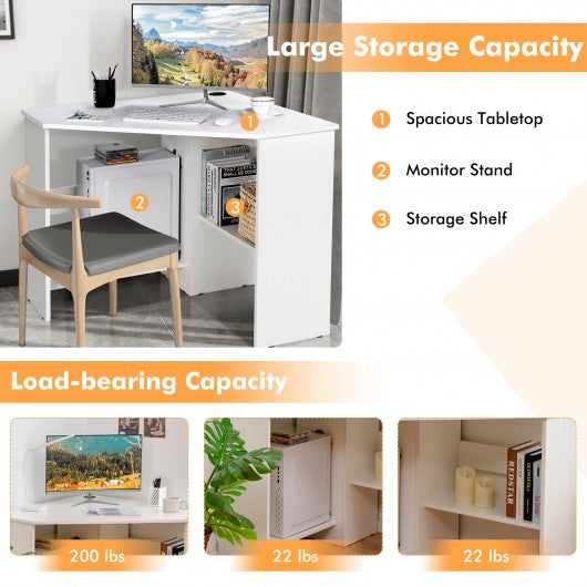 Corner Computer Desk Triangle Writing Workstation with Storage Shelf-White