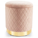 Round Storage Ottoman with Exquisite Pattern and Golden Metal Base for Bedroom