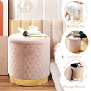 Round Storage Ottoman with Exquisite Pattern and Golden Metal Base for Bedroom