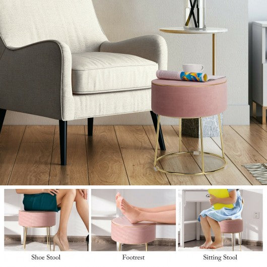 Velvet Round Footrest Ottoman with Metal Base and Non-Slip Foot Pads-Pink