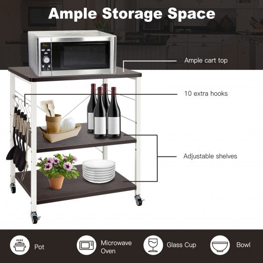 3-Tier Kitchen Baker's Rack Microwave Oven Storage Cart with Hooks-Deep Brown