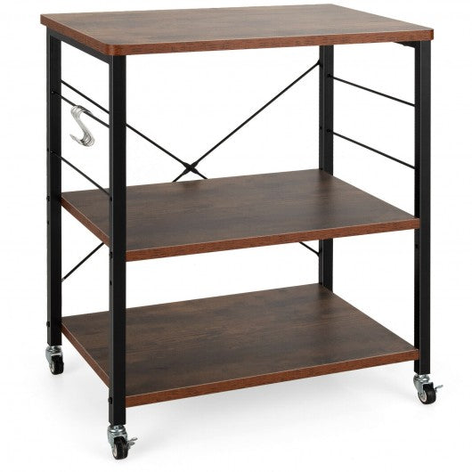3-Tier Kitchen Baker's Rack Microwave Oven Storage Cart with Hooks-Rustic Brown