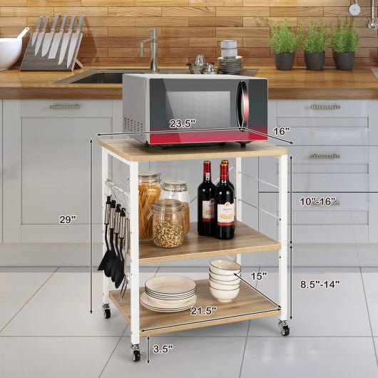 3-Tier Kitchen Baker's Rack Microwave Oven Storage Cart with Hooks-Light Brown