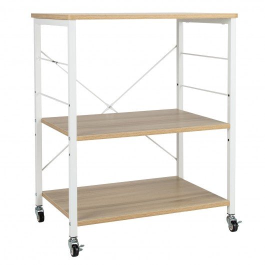 3-Tier Kitchen Baker's Rack Microwave Oven Storage Cart with Hooks-Light Brown