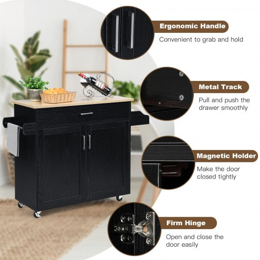 Rolling Kitchen Island Cart with Towel and Spice Rack-Black