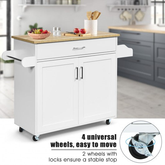 Rolling Kitchen Island Cart with Towel and Spice Rack-White