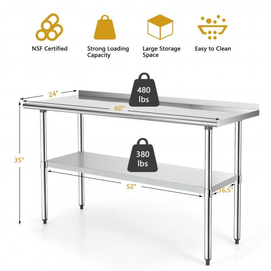 Stainless Steel Table for Prep and Work with Backsplash-24 x 60 inch