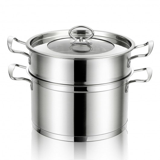 2-Tier Steamer Pot 304 Stainless Steel Steaming Cookware with Glass Lid