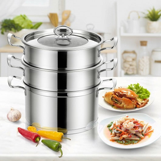 3-Tier Steamer Pot 304 Stainless Steel Steaming Cookware with Glass Lid