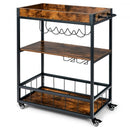 3-Tier Rolling Kitchen Bar Cart with Wine Rack-Rustic Brown