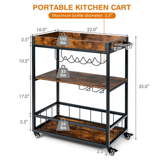 3-Tier Rolling Kitchen Bar Cart with Wine Rack-Rustic Brown