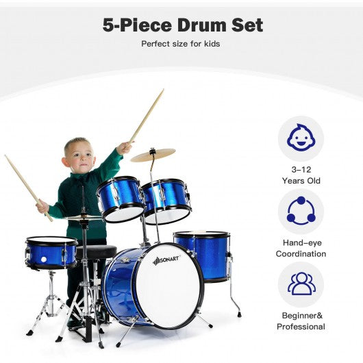 16 Inch 5-Piece Complete Kids Junior Drum Set Children Beginner Kit-Blue