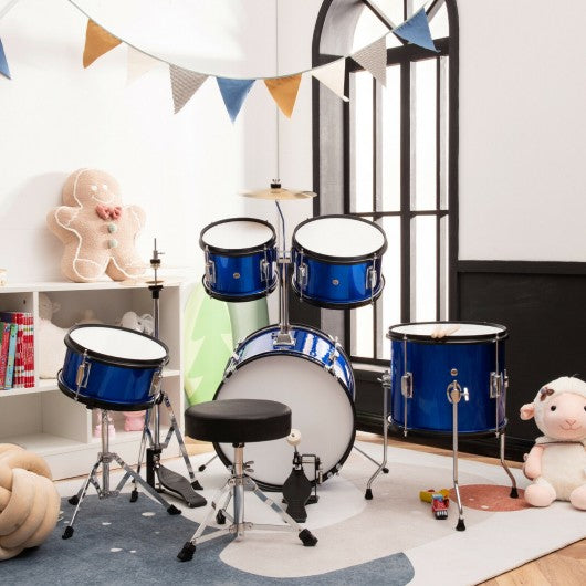 16 Inch 5-Piece Complete Kids Junior Drum Set Children Beginner Kit-Blue