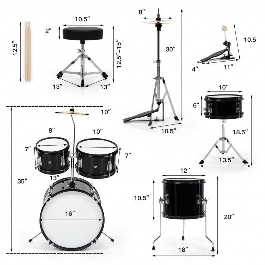 16 Inch 5-Piece Complete Kids Junior Drum Set Children Beginner Kit-Black