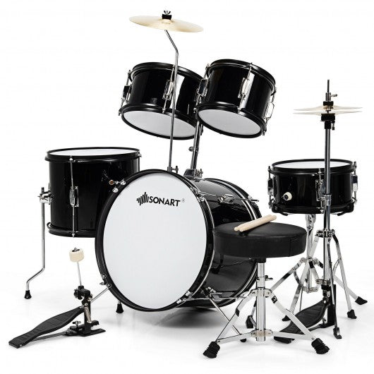 16 Inch 5-Piece Complete Kids Junior Drum Set Children Beginner Kit-Black