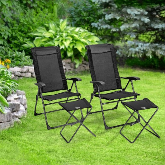 4 Pieches Patio Adjustable Back Folding Dining Chair Ottoman Set-Black