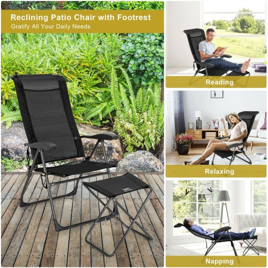 4 Pieches Patio Adjustable Back Folding Dining Chair Ottoman Set-Black