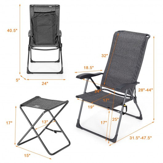 4 Pieches Patio Adjustable Back Folding Dining Chair Ottoman Set-Gray