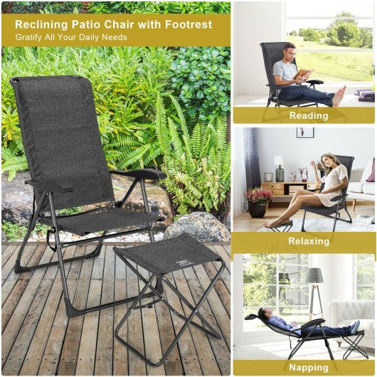 4 Pieches Patio Adjustable Back Folding Dining Chair Ottoman Set-Gray