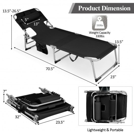 Folding Beach Lounge Chair with Pillow for Outdoor-Black