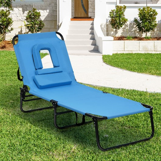 Outdoor Folding Chaise Beach Pool Patio Lounge Chair Bed with Adjustable Back and Hole