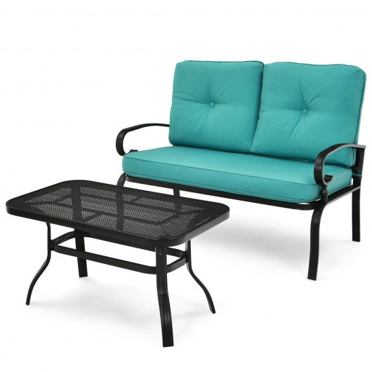 2PCS Patio Loveseat Bench Table Furniture Set with Cushioned Chair-Turquoise