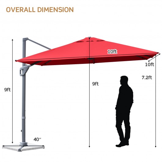 10x10 Feet Patio Offset Cantilever Umbrella with Aluminum 360° Rotation Tilt-Wine