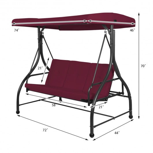 3 Seats Converting Outdoor Swing Canopy Hammock with Adjustable Tilt Canopy-Wine