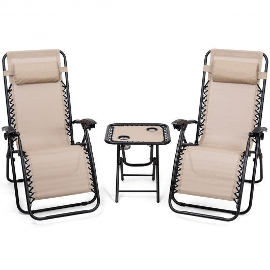 3 Pieces Folding Portable Zero Gravity Reclining Lounge Chairs Table Set-Beige