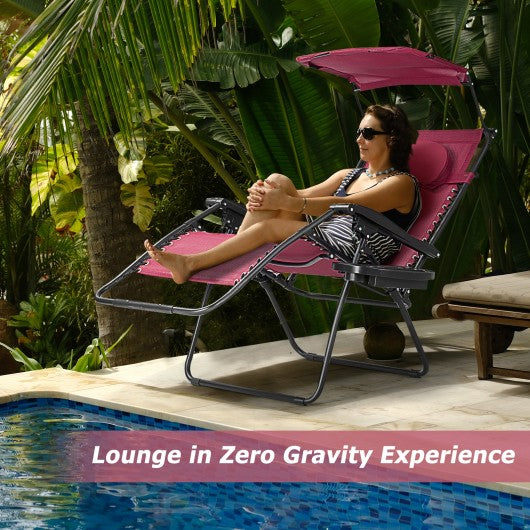 Folding Recliner Lounge Chair with Shade Canopy Cup Holder-Wine