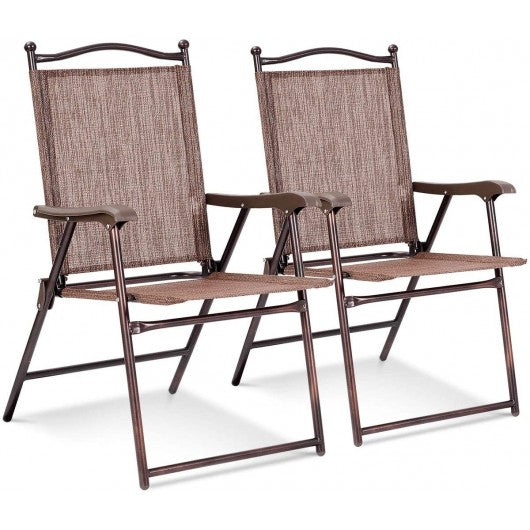 Set of 2 Patio Folding Sling Back Camping Deck Chairs-Coffee