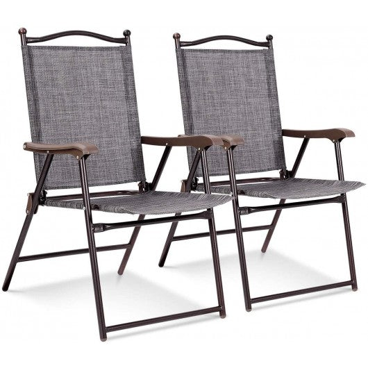 Set of 2 Patio Folding Sling Back Camping Deck Chairs-Gray