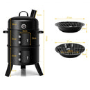 3-in-1 Portable Round Charcoal Smoker BBQ Grill Built-in Thermometer