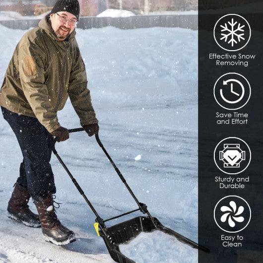 Folding Snow Pusher Scoop Shovel with Wheels and Handle-Black
