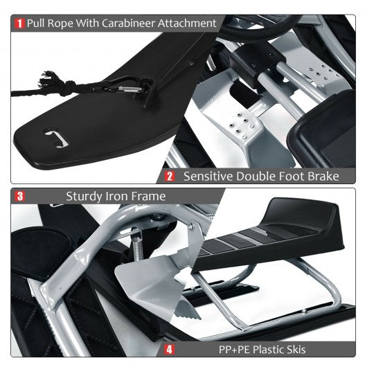 Kids Snow Sled with Steering Wheel and Double Brakes Pull Rope-Black