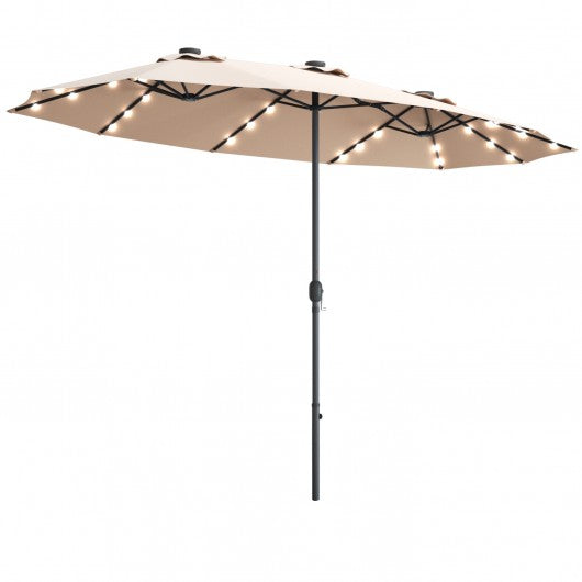 15 Ft Patio LED Crank Solar Powered 36 Lights  Umbrella without Weight Base-Beige