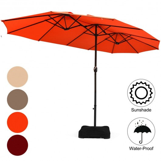 15 Foot Extra Large Patio Double Sided Umbrella with Crank and Base-Orange