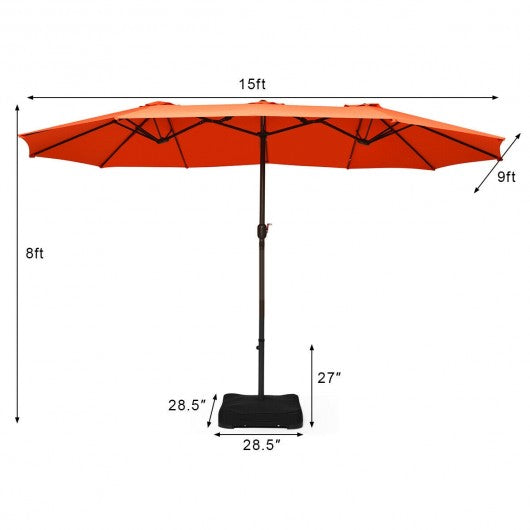 15 Foot Extra Large Patio Double Sided Umbrella with Crank and Base-Orange