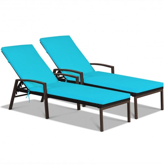 2 Pcs Patio Rattan Adjustable Back Lounge Chair with Armrest and Removable Cushions-Turquoise