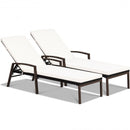 2 Pcs Patio Rattan Adjustable Back Lounge Chair with Armrest and Removable Cushions-White
