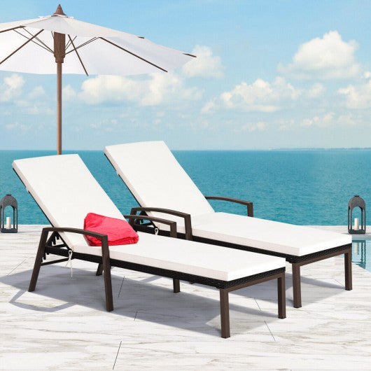 2 Pcs Patio Rattan Adjustable Back Lounge Chair with Armrest and Removable Cushions-White