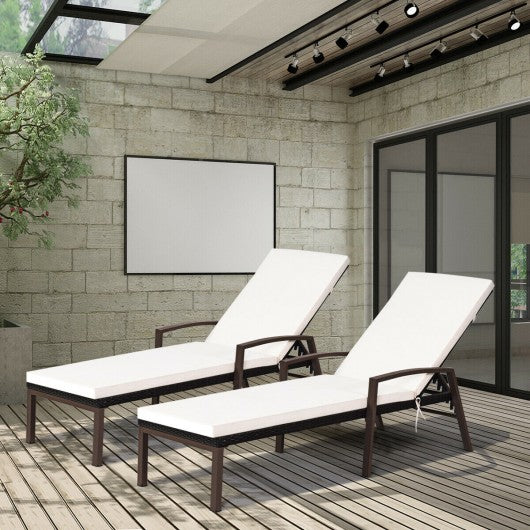 2 Pcs Patio Rattan Adjustable Back Lounge Chair with Armrest and Removable Cushions-White