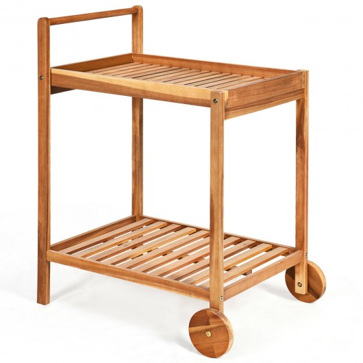 2-Tier Acacia Rolling Kitchen Trolley Cart