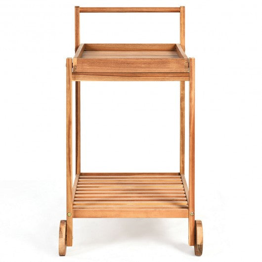 2-Tier Acacia Rolling Kitchen Trolley Cart