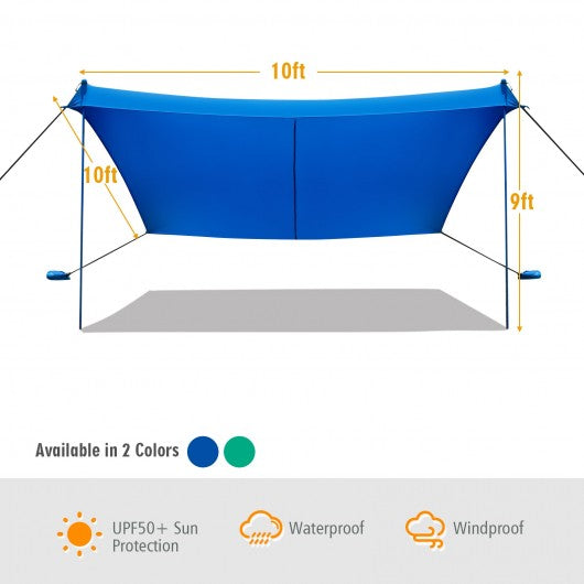 10 Foot Ride 9 Foot Family Beach Tent Canopy Sunshade with 4 Poles-Blue