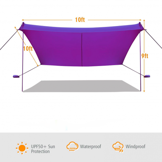 10 Foot Ride 9 Foot Family Beach Tent Canopy Sunshade with 4 Poles-Purple
